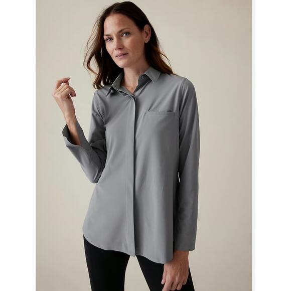 ATHLETA | Urbanite Button Front Shirt Top Gray Long Sleeve Stretch | Large - Picture 2 of 8